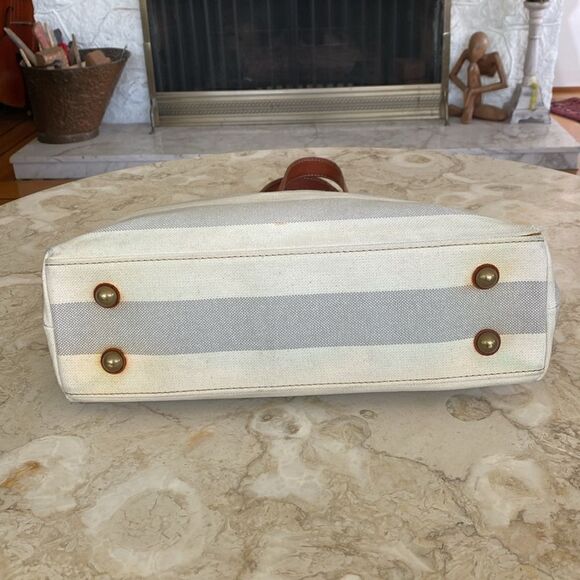 Fossil Austin Cream Blue Stripe Coated Canvas Leather Nautical Tote Shoulder Bag - Picture 7 of 15